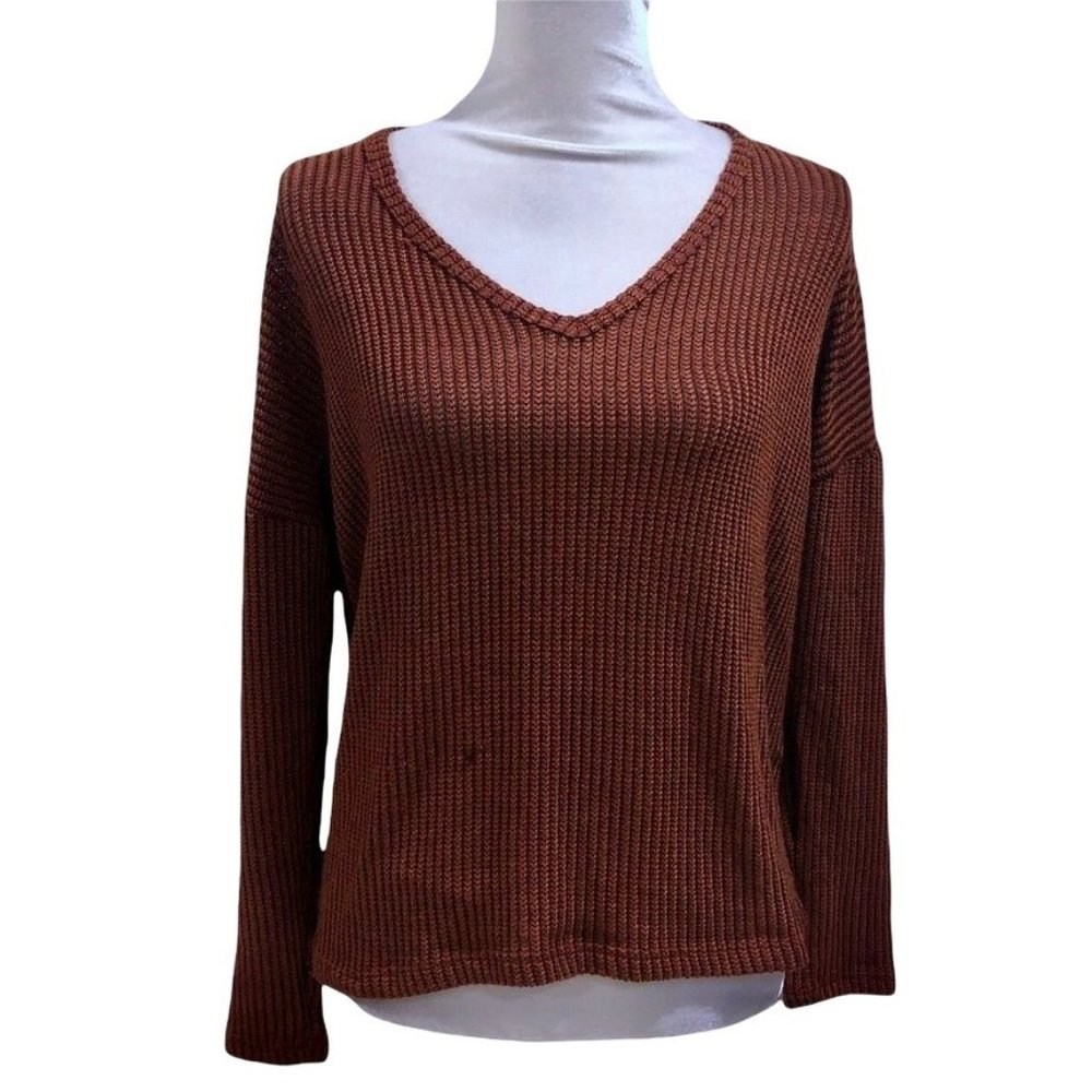 LUSH Knit Pullover V Neck Sweater Small Womens Cropped Fall Rust Orange Black